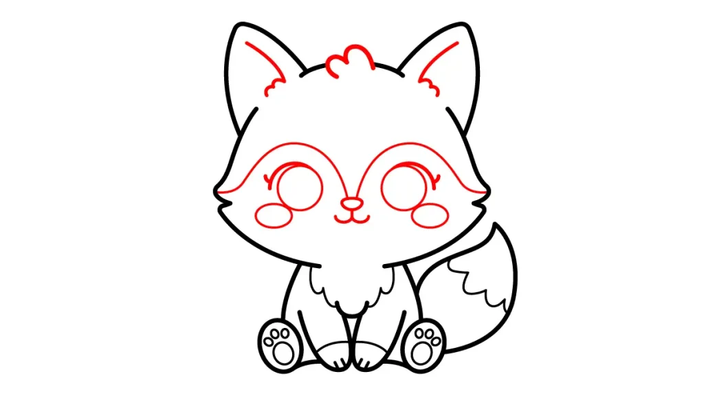 Tutorial de dibujo kawaii — zorro kawaii paso 5: Un rostro adorable, fleco y detalles de las orejas