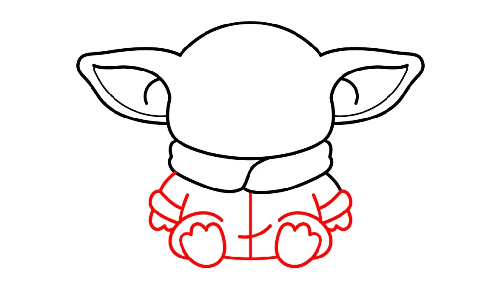 Tutorial de dibujo kawaii — grogu kawaii paso 4: Dibujamos el cuerpo, los brazos y los pies