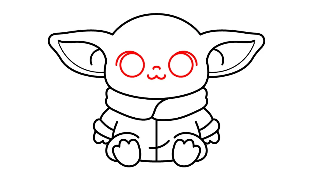 Tutorial de dibujo kawaii — grogu kawaii paso 5: Ponemos los ojos enormes y su carita feliz