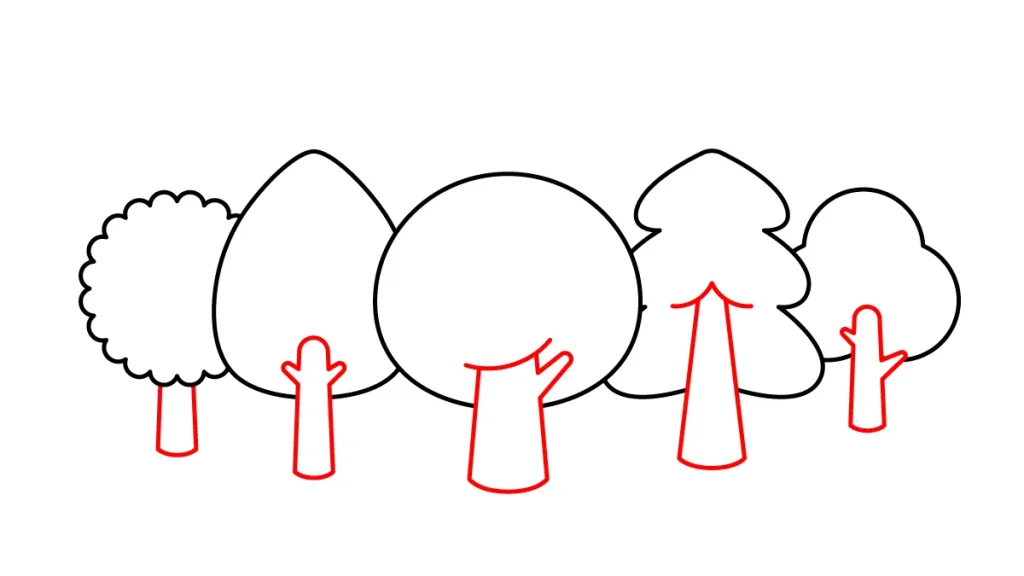 Tutorial de dibujo kawaii — bosque kawaii paso 2: Añadimos los troncos de los árboles kawaii