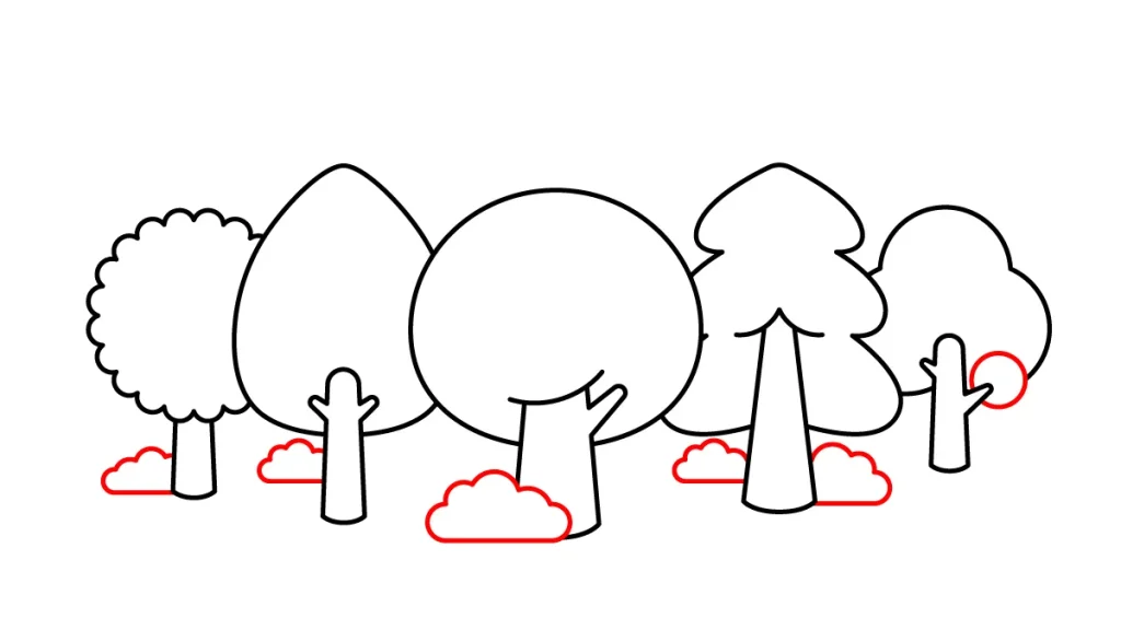 Tutorial de dibujo kawaii — bosque kawaii paso 3: Ponemos arbustos blanditos en el suelo