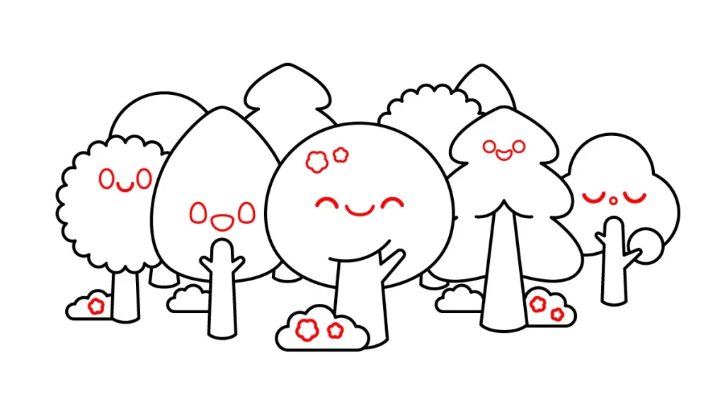 Tutorial de dibujo kawaii — bosque kawaii paso 5: ¡Las caritas kawaii y flores decorativas!