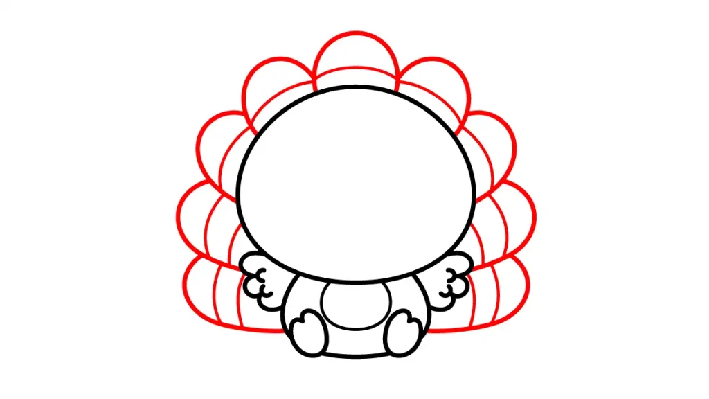 Tutorial de dibujo kawaii — pavo kawaii paso 4: ¡El gran abanico de plumas!