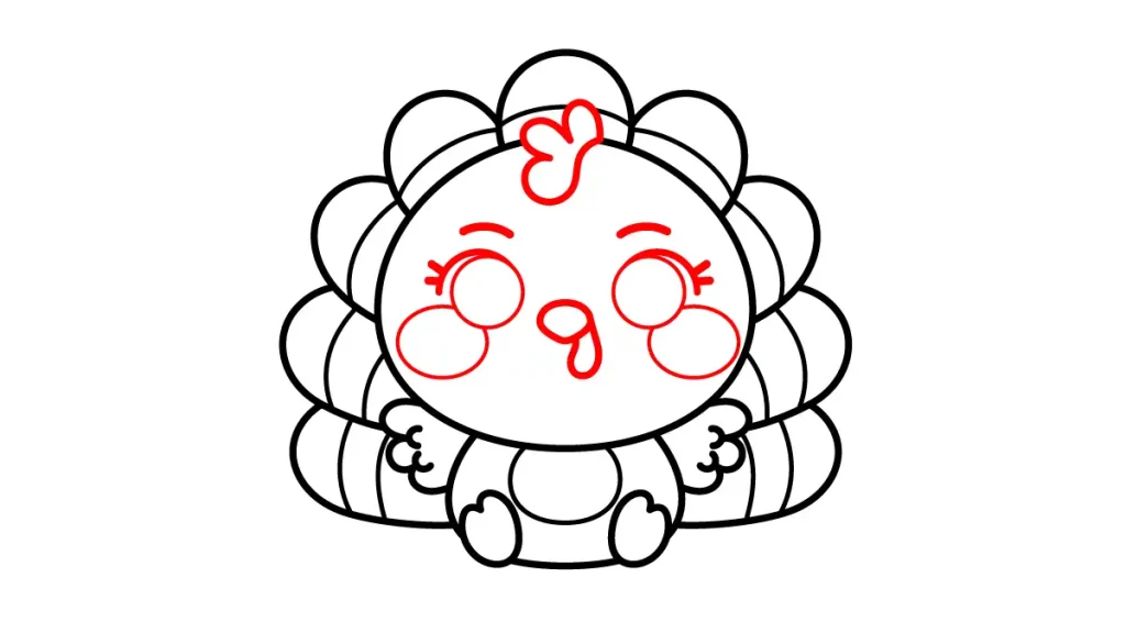 Tutorial de dibujo kawaii — pavo kawaii paso 5: Una carita alegre y su moco de pavo