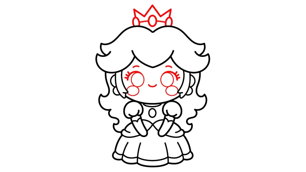 Tutorial de dibujo kawaii — princesa peach paso 5: Ponemos los ojos enormes y la corona brillante